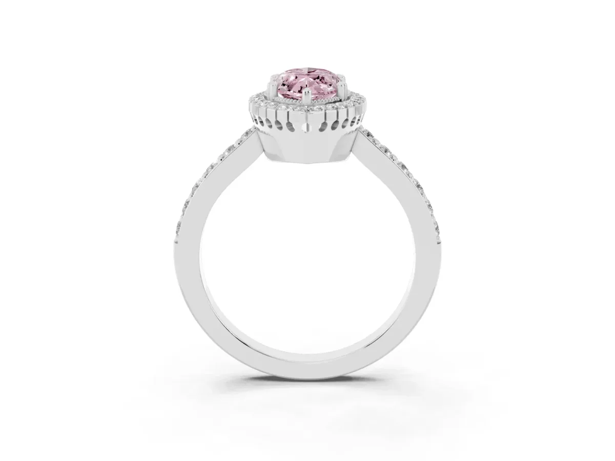 Fancy Pink Marquise Cut Cut Diamond Halo Engagement Ring with Milgrain Detail and Pavé Band Platinum