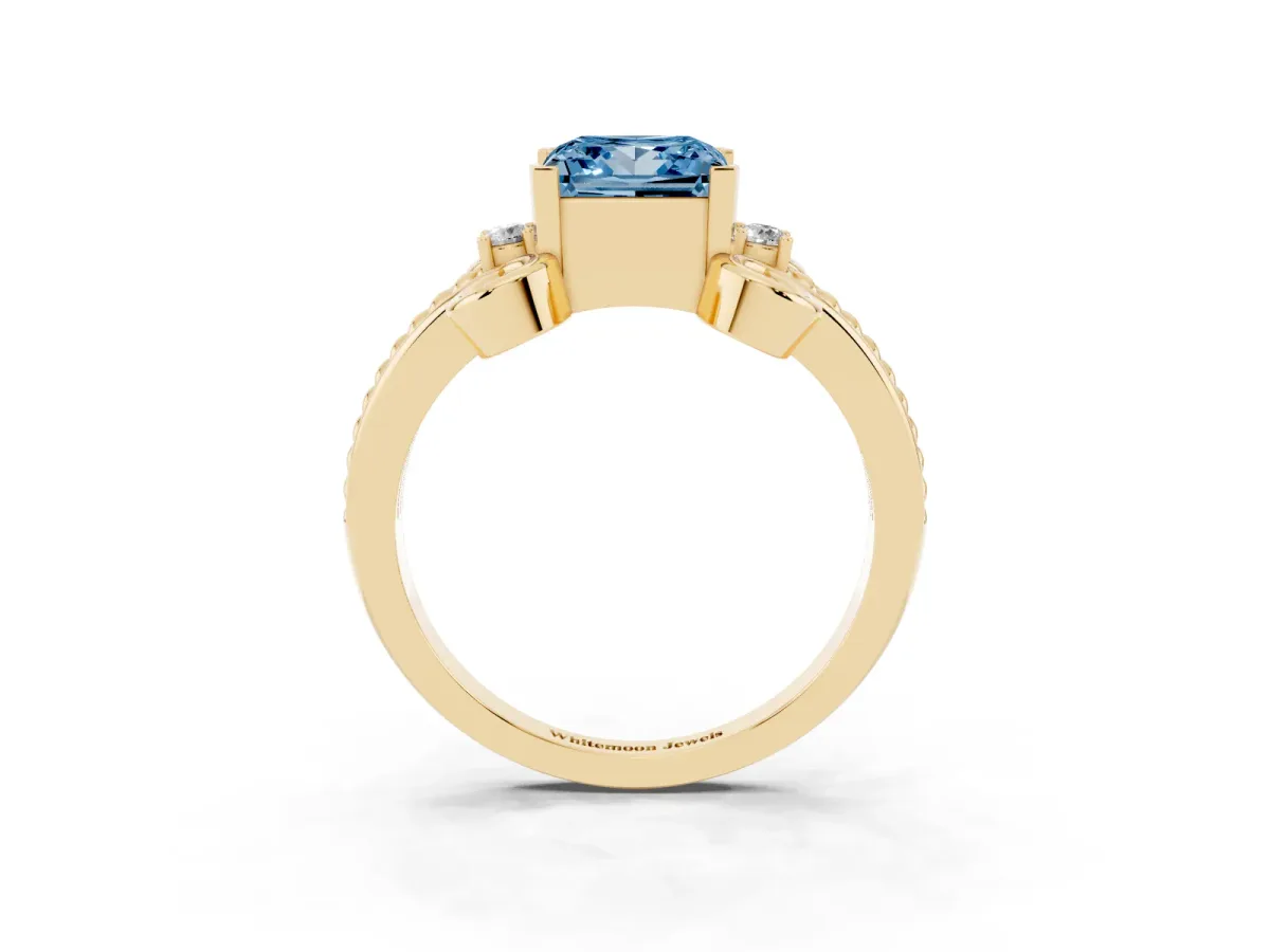 Fancy Blue Princess Cut Solitaire Twisted Band Scroll Prong Ring Yellow gold