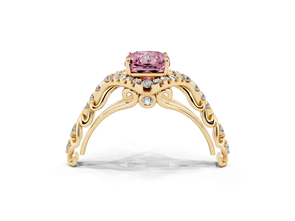 Fancy Pink Radiant Cut Diamond Solitaire Ring with Hidden Halo and Pavé Band Yellow gold
