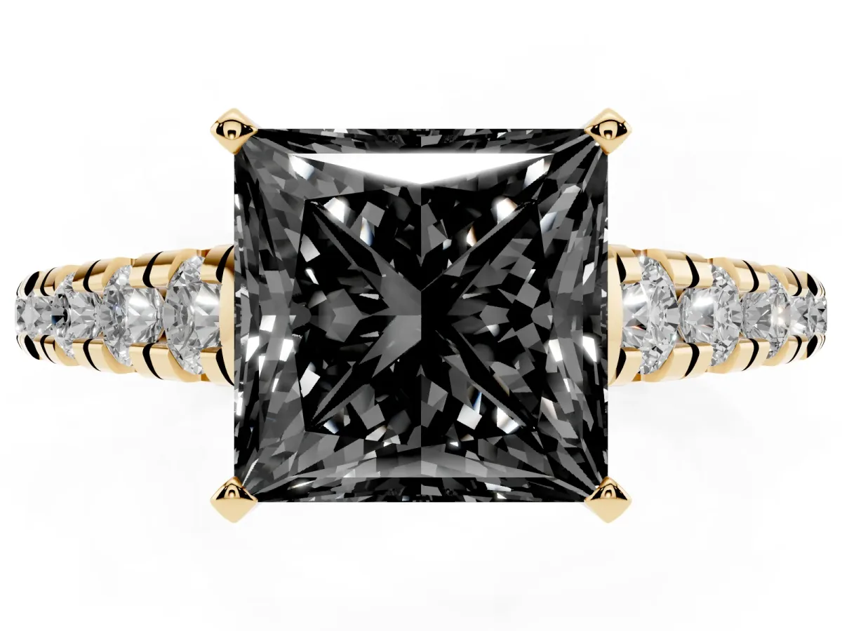 Fancy Black Princess Cut Diamond Cathedral Solitaire Ring with Round Pavé Band Yellow gold