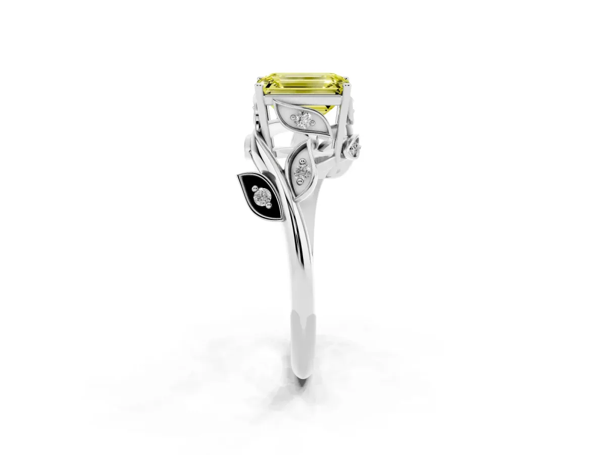 Fancy Yellow Emerald Cut Solitaire Twist Engagement Ring with Leaf Accents and Prong Setting Silver