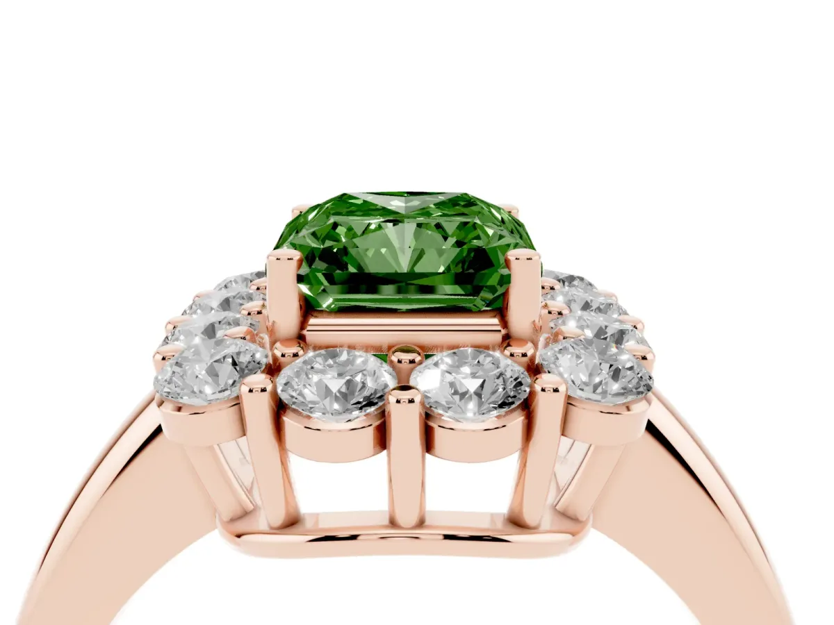 Fancy Green Radiant Cut Halo Cluster Diamond Engagement Ring with Prong Setting and Polished Band Rose gold