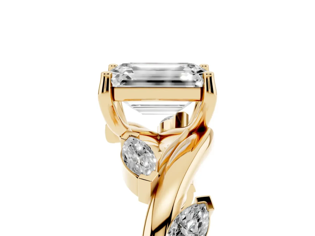 Emerald Cut Solitaire Twisted Band Marquise Accent Prong Setting Ring Yellow gold