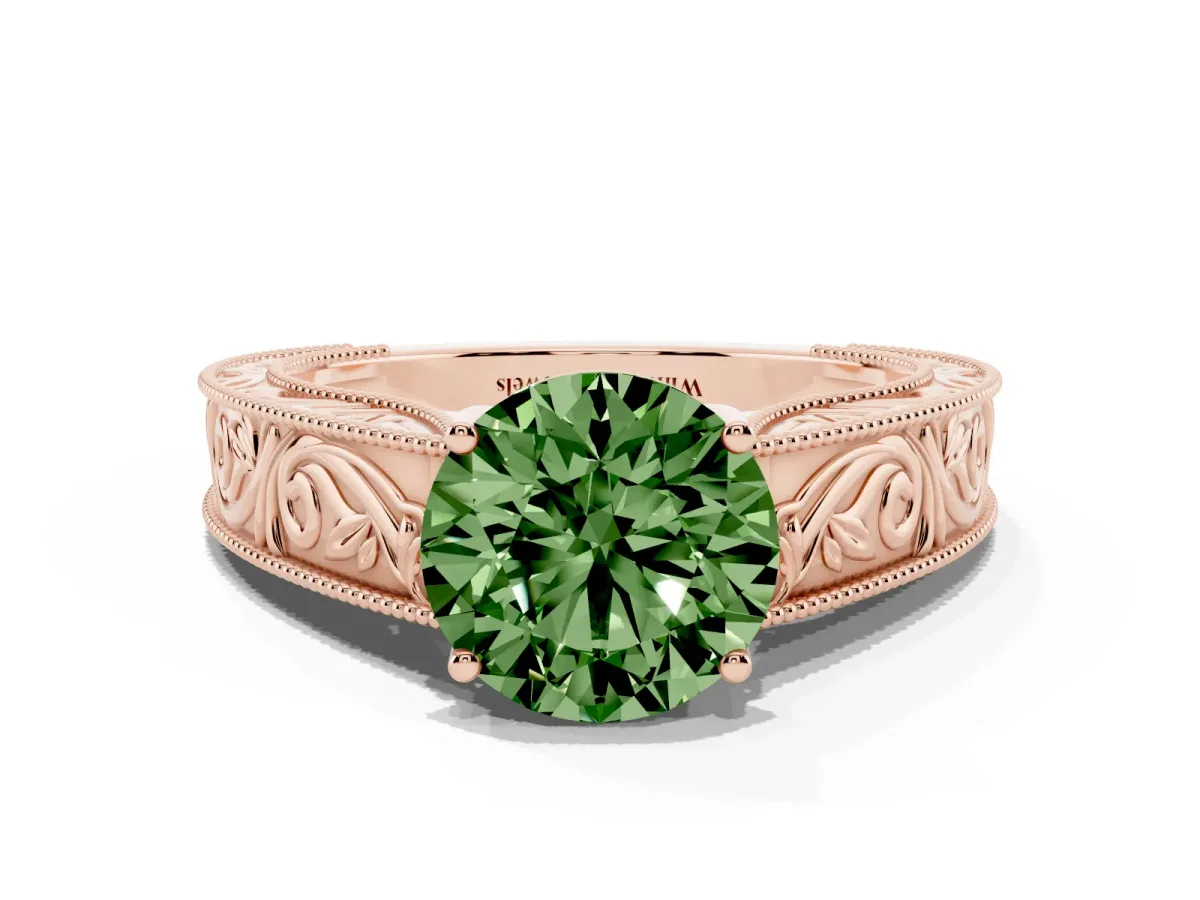 Fancy Green Round Cut Diamond Solitaire Ring with Engraved Band and Four-Prong Setting Rose gold
