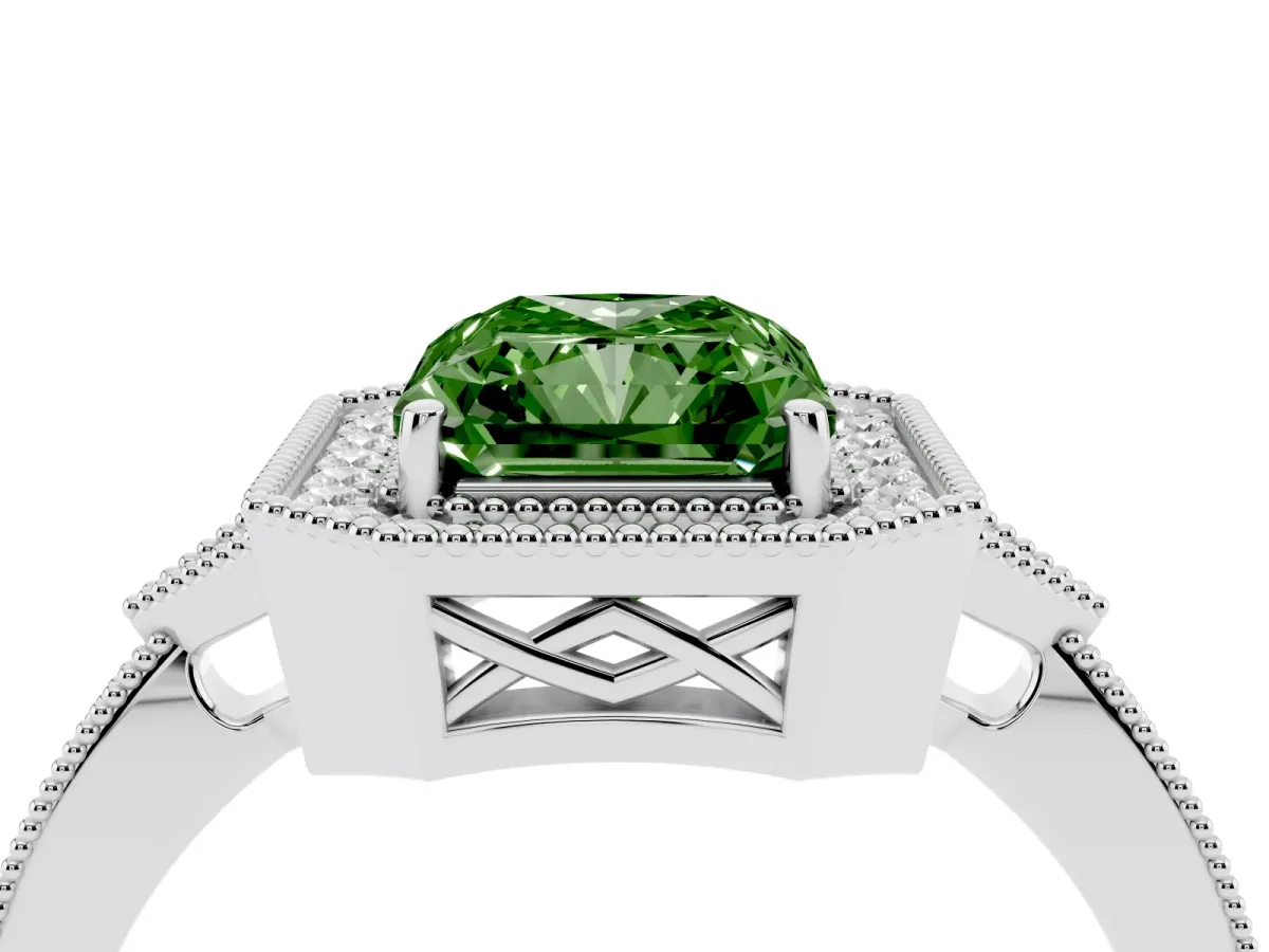 Fancy Green Radiant Cut Halo Round Diamond Milgrain Pave Engagement Ring Platinum