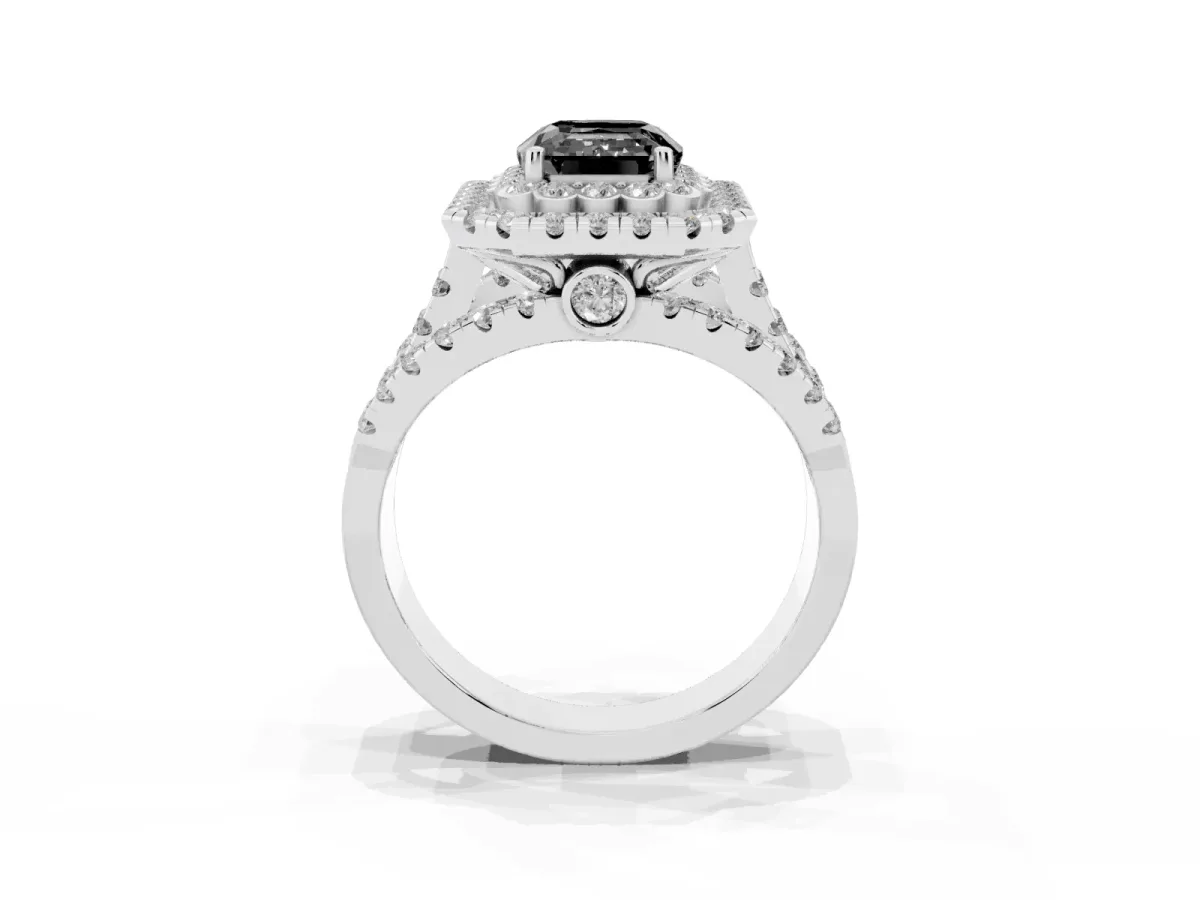 Fancy Black Emerald Cut Diamond Double Halo Ring with Round Pavé Split Shank and Prong Setting Silver