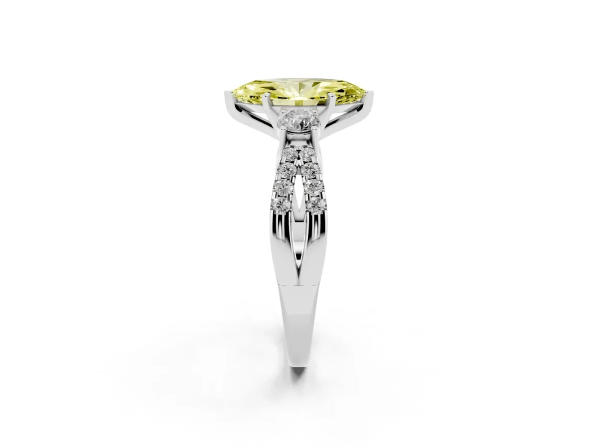 Fancy Yellow Marquise Cut Diamond Three-Stone Ring with Pavé Split Shank and Four-Prong Setting Platinum