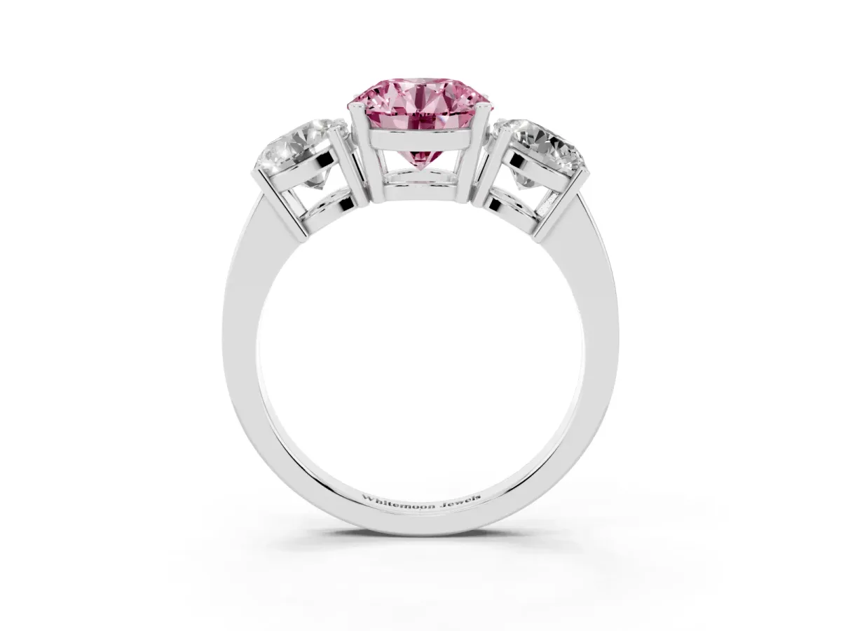 Fancy Pink Three-Stone Round Cut Cut Diamond Engagement Ring with Flat Band and Four-Prong Setting Silver