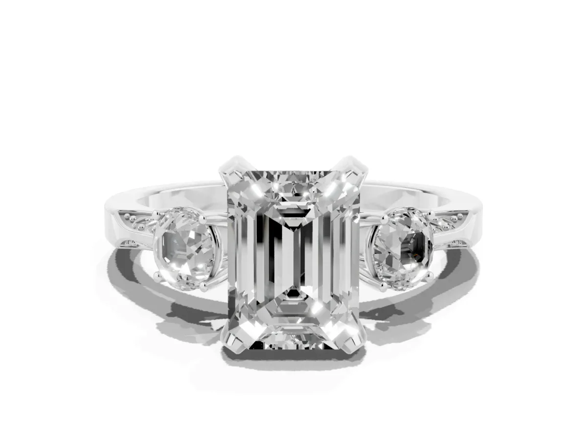 Fancy Black Emerald Cut Brilliant Three-Stone Diamond Ring with Pavé Band and Four-Prong Setting Platinum