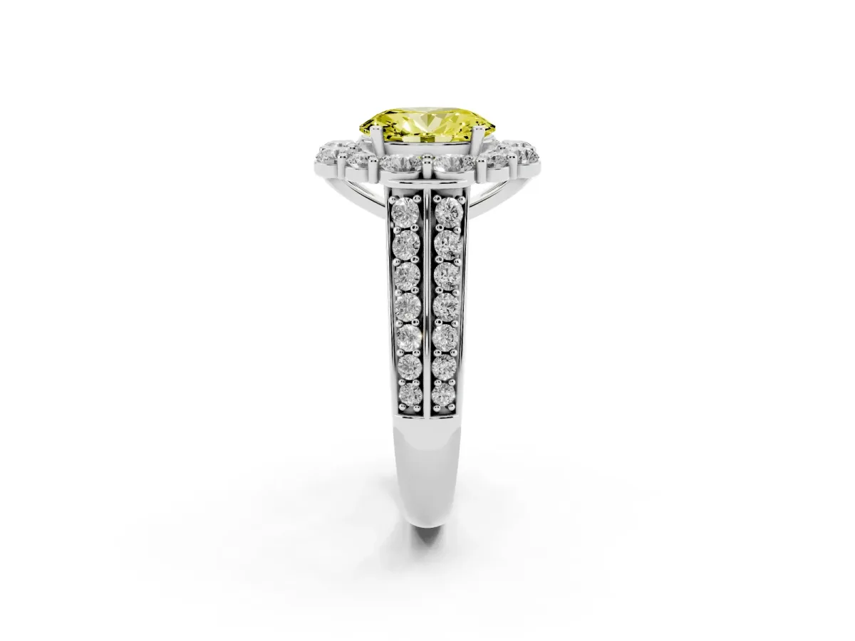 Fancy Yellow Oval Cut Halo Diamond Engagement Ring with Split Shank and Prong Setting Silver
