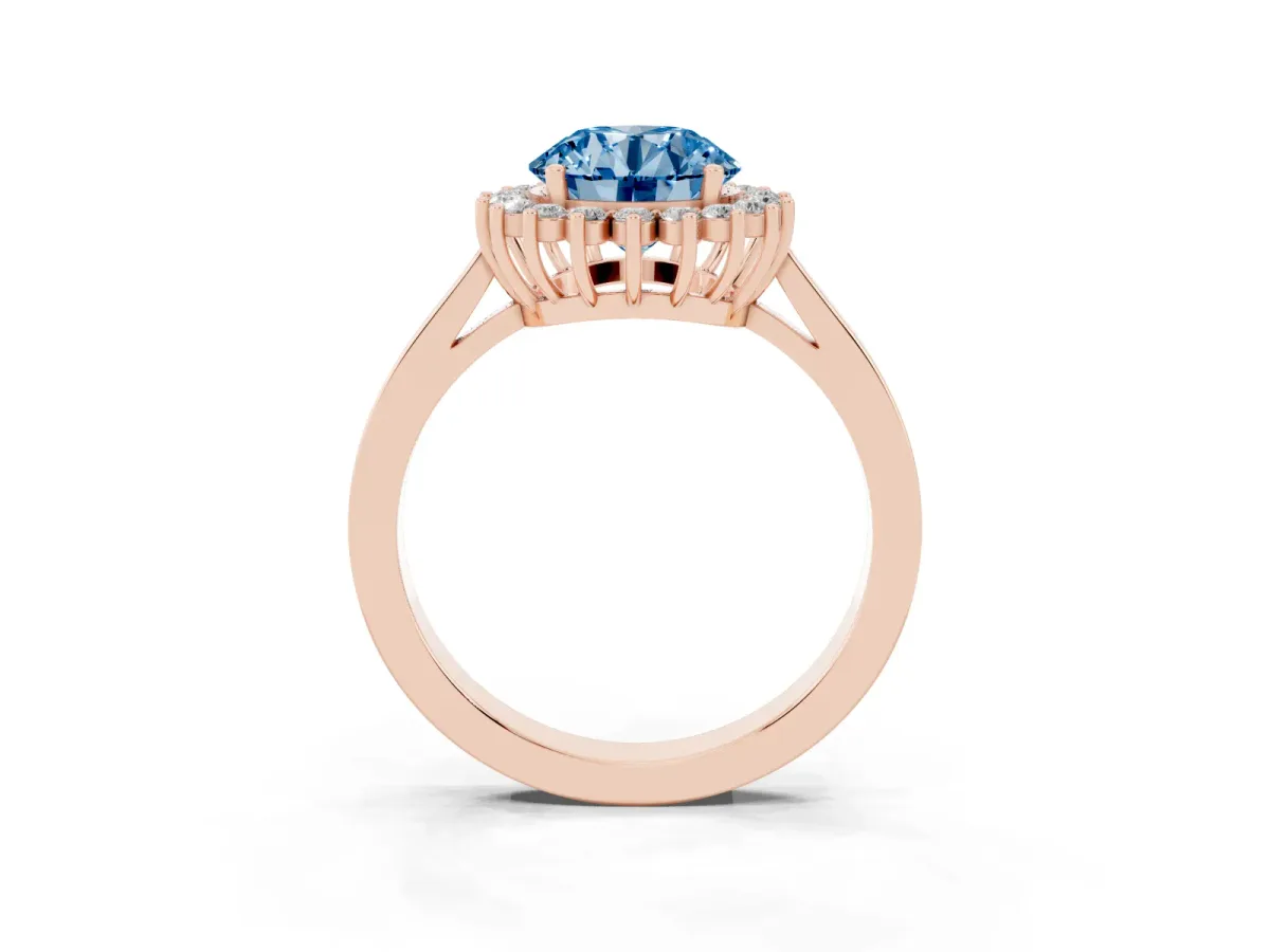 Fancy Blue Round Cut Cut Diamond Halo Ring with Round Brilliant Halo and Solitaire Band Rose gold