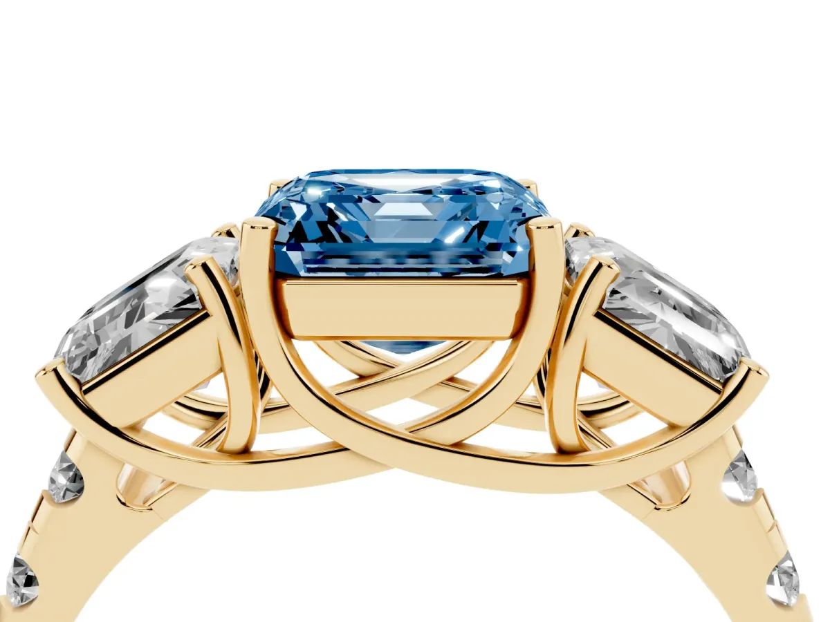 Fancy Blue Three-Stone Asscher Cut Diamond Pavé Band with Prong Setting Yellow gold