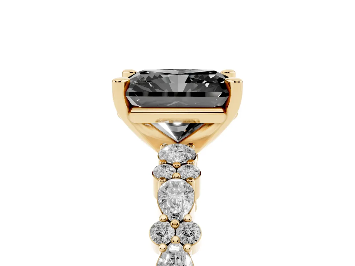 Fancy Black Radiant Cut Diamond Side Stone Solitaire Ring with Round and Four-Prong Setting Yellow gold