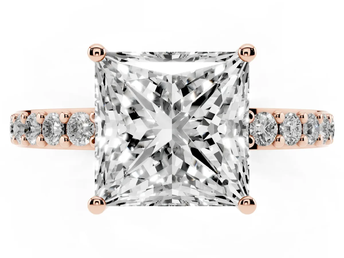 Princess Cut Cut Diamond Solitaire with Pave Band and Four-Prong Setting Rose gold