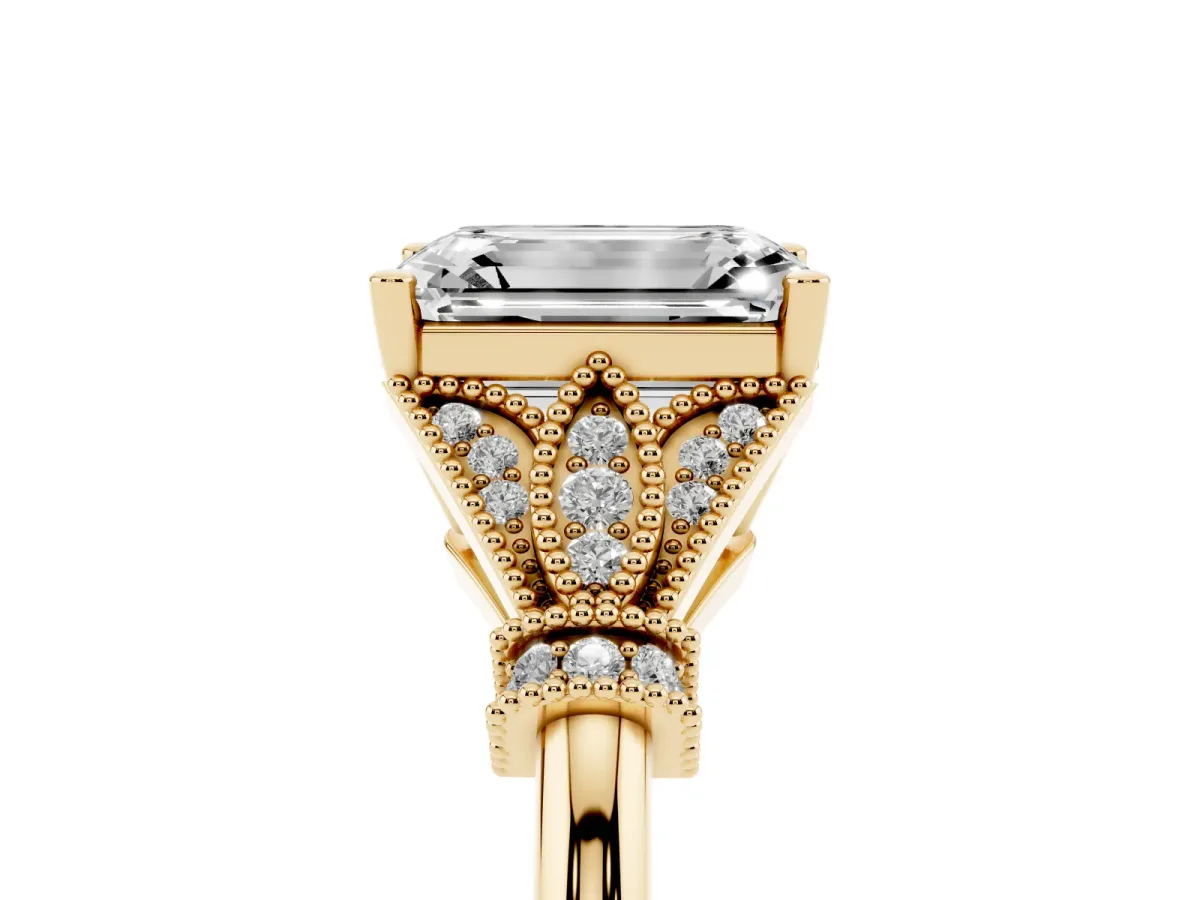 Emerald Cut Diamond Solitaire Ring with Floral Filigree and Pave Accents Yellow gold