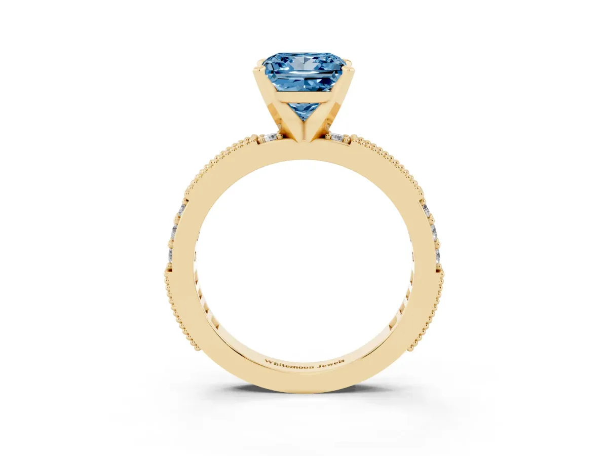 Fancy Blue Princess Cut Solitaire with Pavé Band and Four-Prong Setting Yellow gold