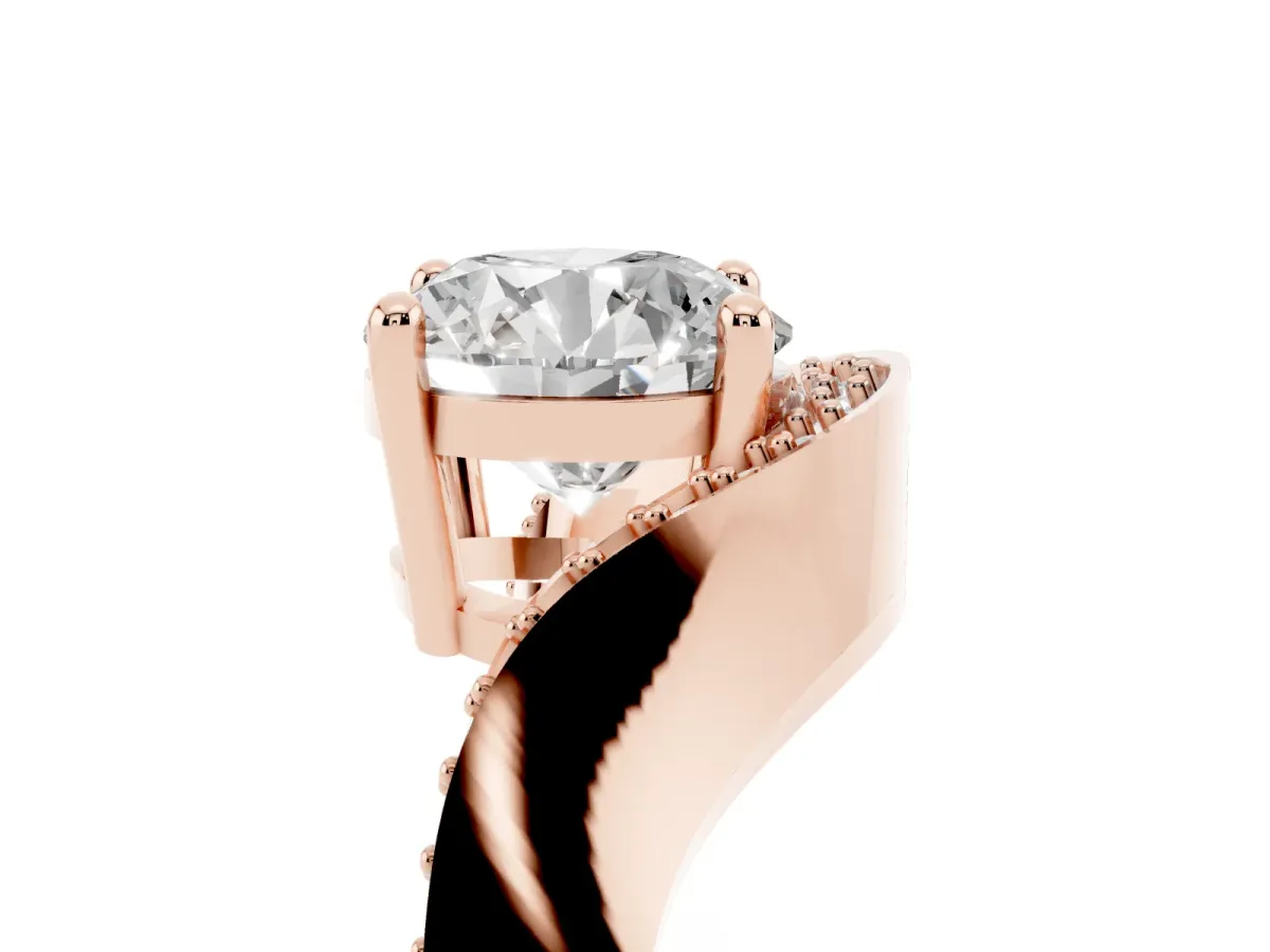 Round Cut Solitaire Diamond Engagement Ring with Pave Band and Four-Prong Setting Rose gold