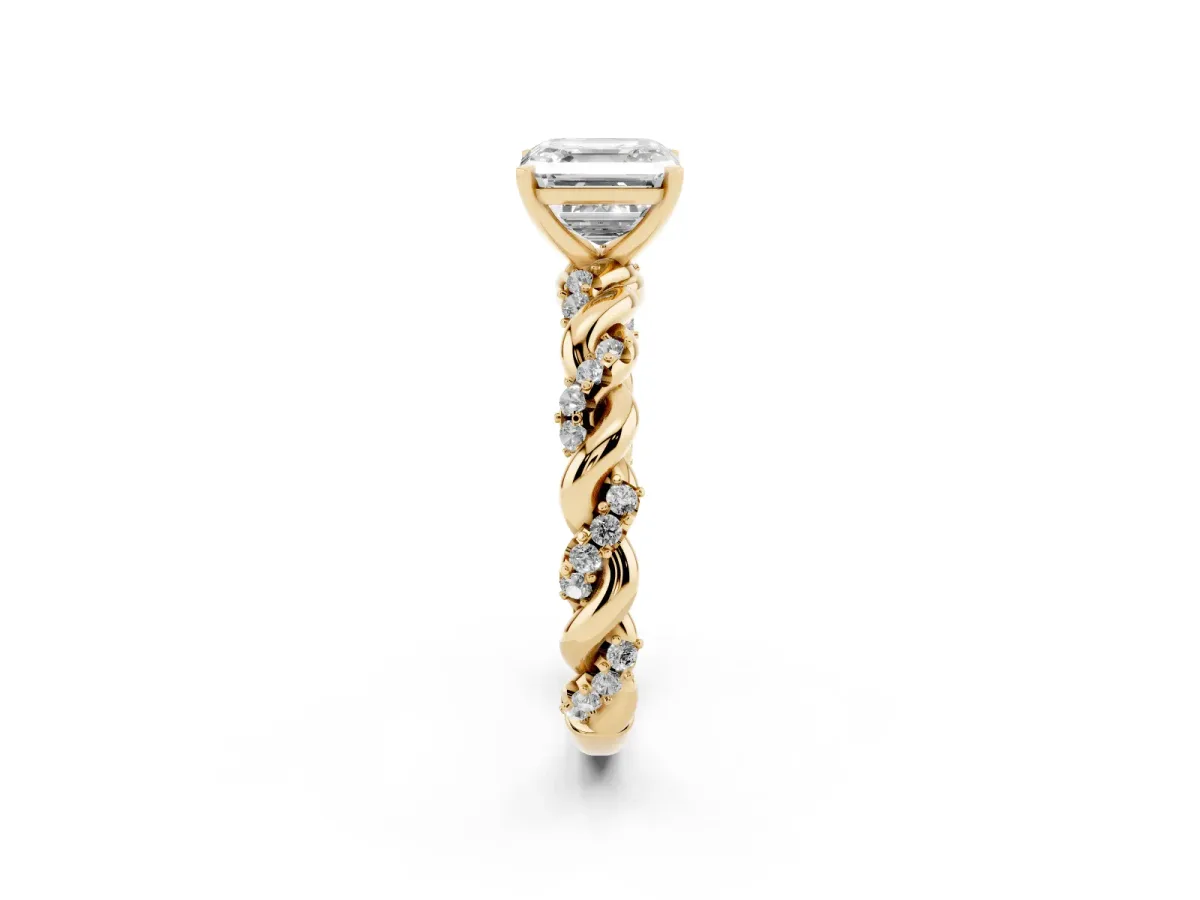 Asscher Cut Diamond Solitaire Ring with Twisted Band and Pavé Accents Yellow gold