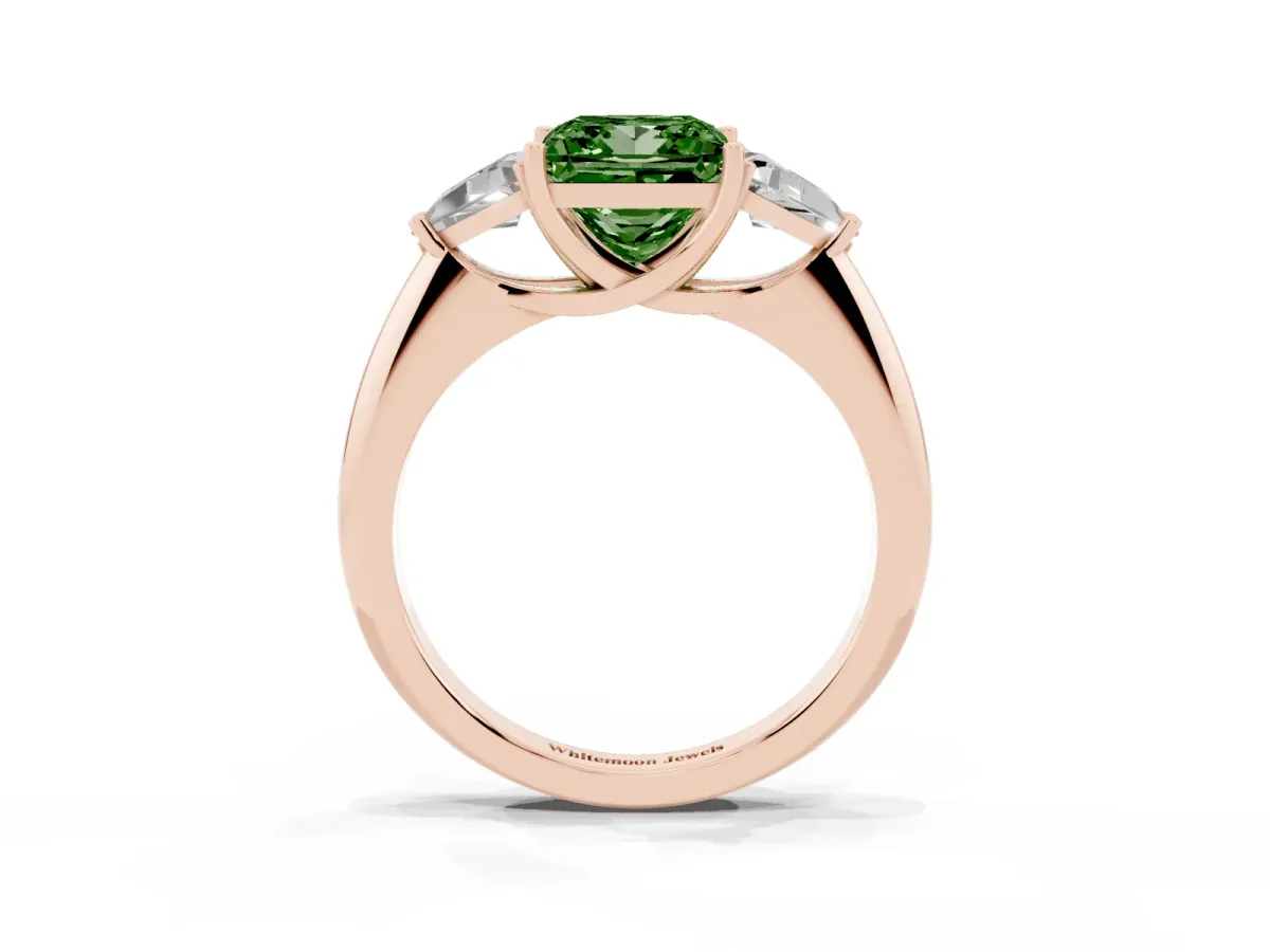 Fancy Green Three-Stone Princess Cut Diamond Engagement Ring with Trillion Side Stones and Prong Setting Rose gold