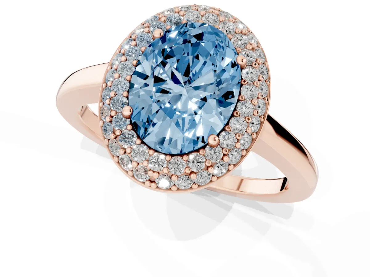 Fancy Blue Oval Cut Halo Diamond Engagement Ring with Solitaire Band and Four-Prong Setting Rose gold