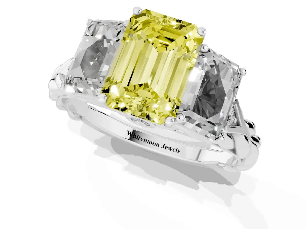 Fancy Yellow Three-Stone Radiant Cut Diamond Braided Band Ring with Four-Prong Setting Silver