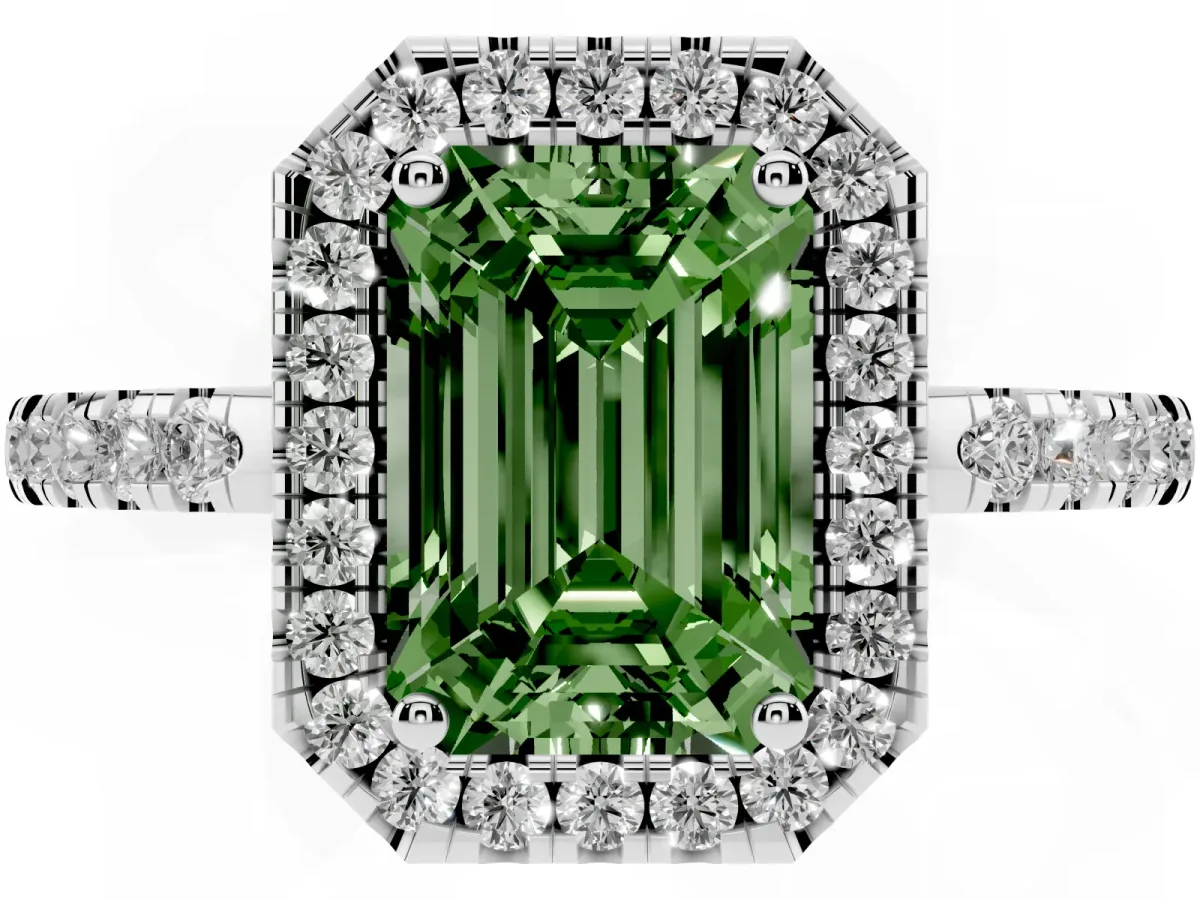 Fancy Green Emerald Cut Halo Diamond Engagement Ring with Pavé Band and Four-Prong Setting Silver