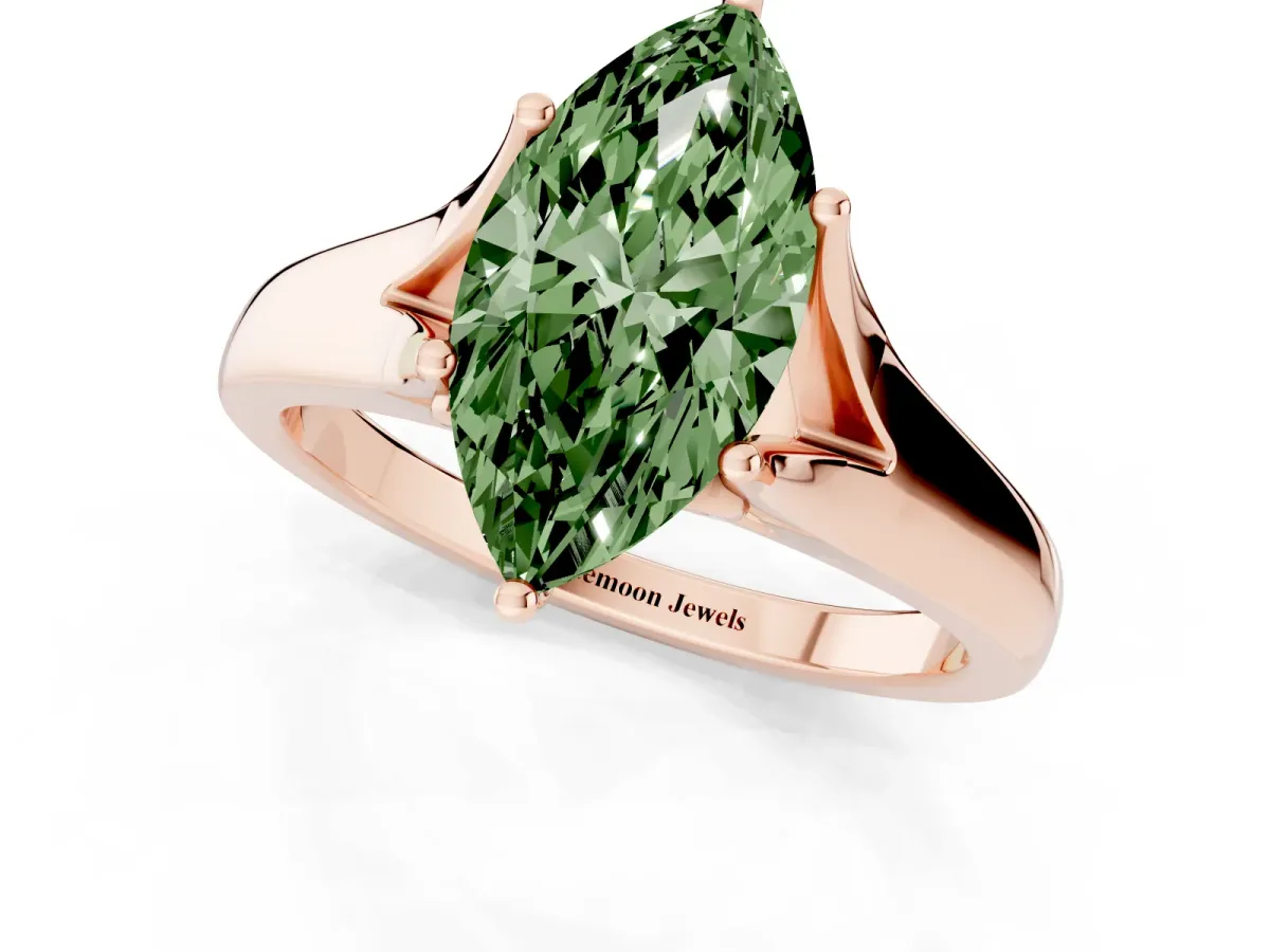 Fancy Green Marquise Cut Solitaire Diamond Ring with Cathedral Band and Four-Prong Setting Rose gold