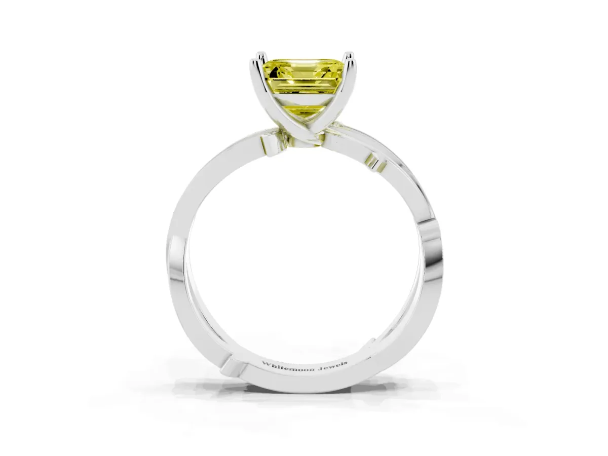 Fancy Yellow Asscher Cut Solitaire Twist Band with Pavé Accents and Four-Prong Setting Platinum