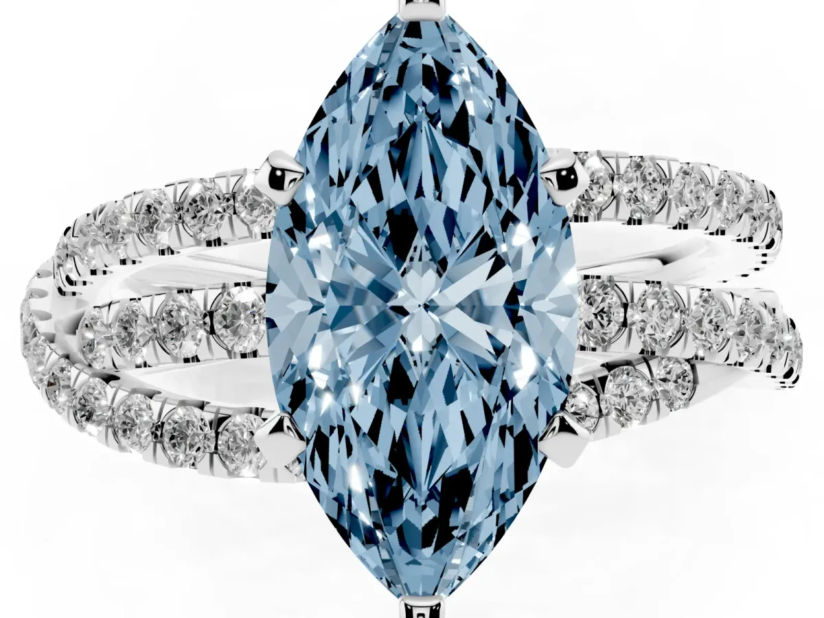 Fancy Blue Marquise Cut Solitaire Twist Band with Pavé Setting and Four-Prong Setting Silver