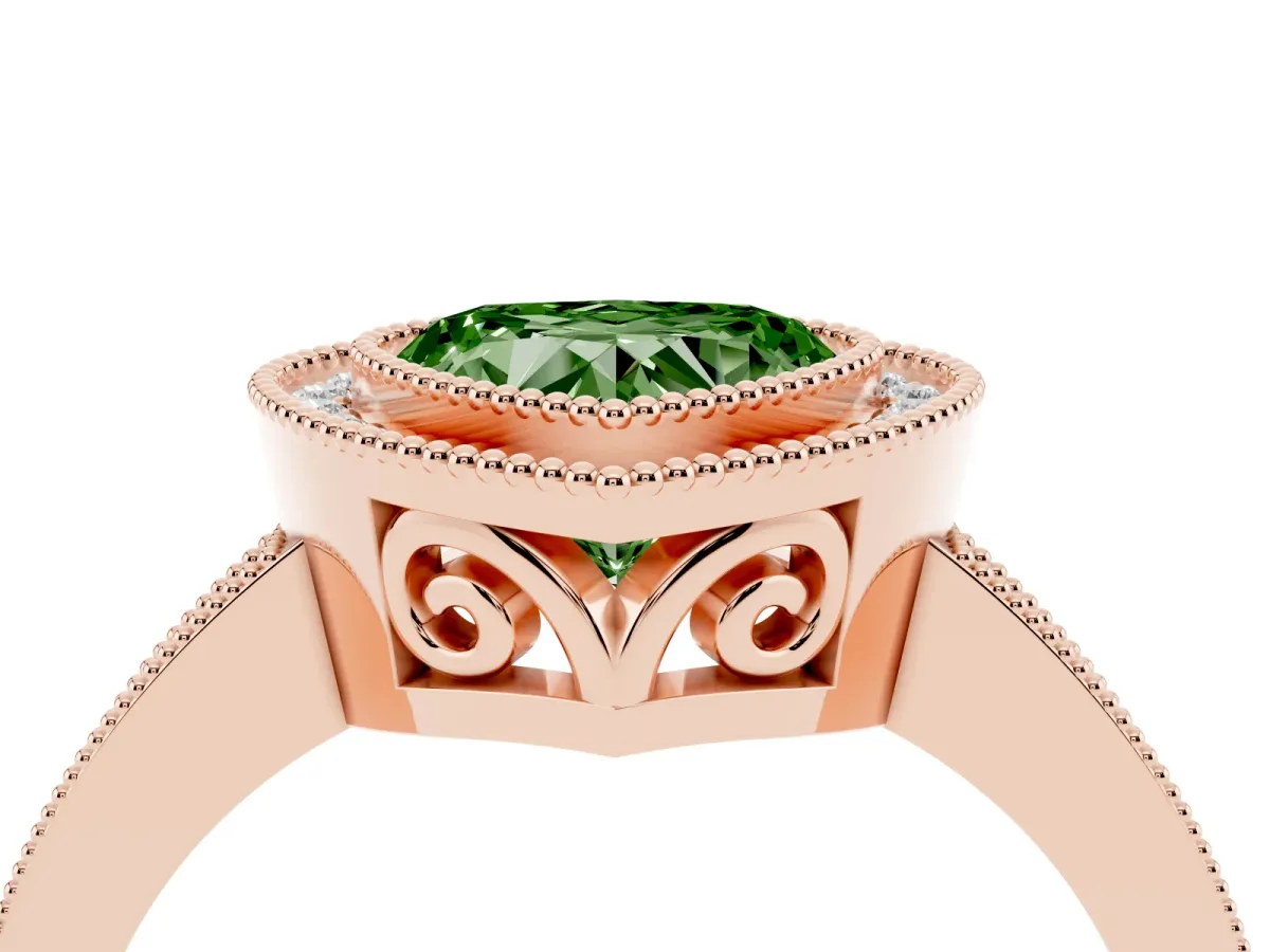 Fancy Green Heart Cut Cut Halo Diamond Ring with Pavé Band and Milgrain Prong Setting Rose gold