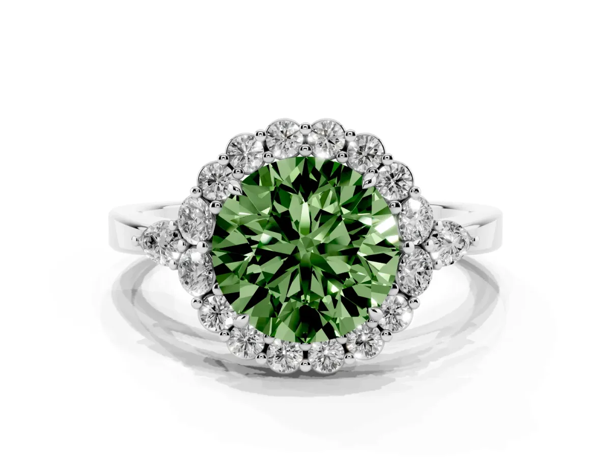 Fancy Green Round Cut Diamond Halo Ring with Pear Side Stones and Prong Setting Silver