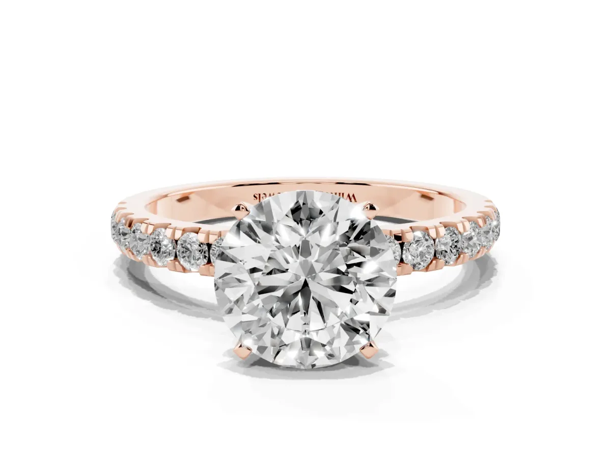 Round Cut Diamond Solitaire Ring with Pavé Accents and Four-Prong Setting Rose gold