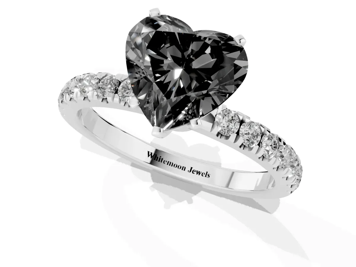 Fancy Black Heart Cut Diamond Solitaire Ring with Pavé Accents and Four-Prong Setting Platinum