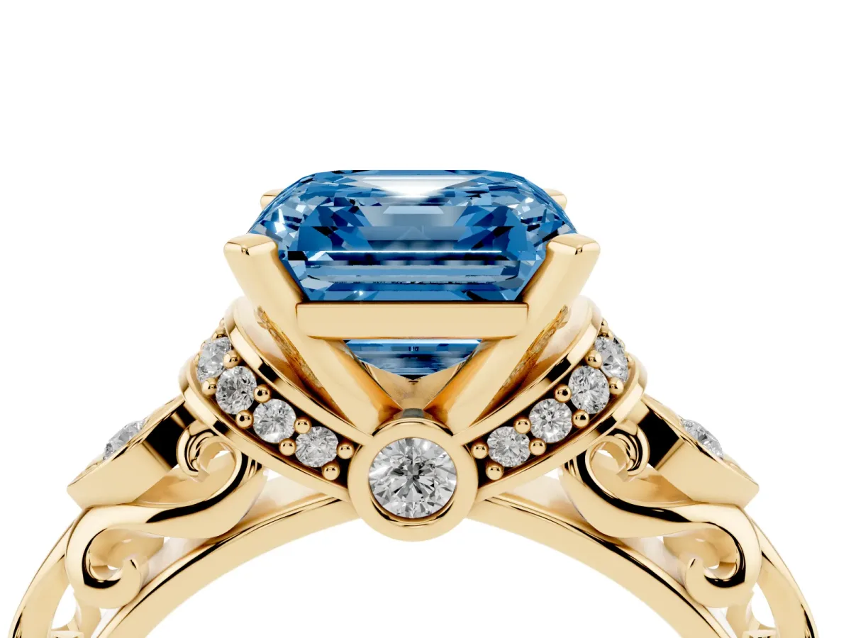 Fancy Blue Asscher Cut Diamond Solitaire Ring with Filigree Band and Four-Prong Setting Yellow gold