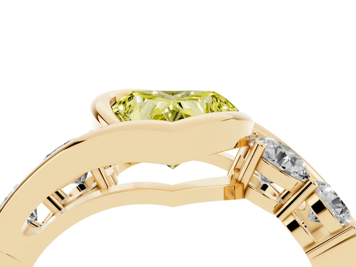 Fancy Yellow Bezel Set Heart Cut Diamond Bypass Ring with Round Accents Yellow gold