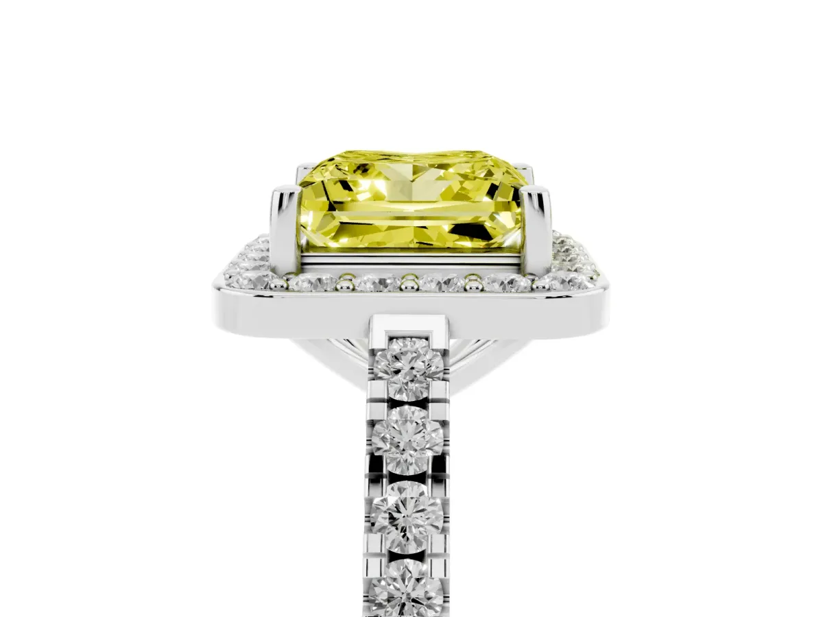 Fancy Yellow Princess Cut Diamond Halo Ring with Round Pavé Split Shank and Prong Setting Silver