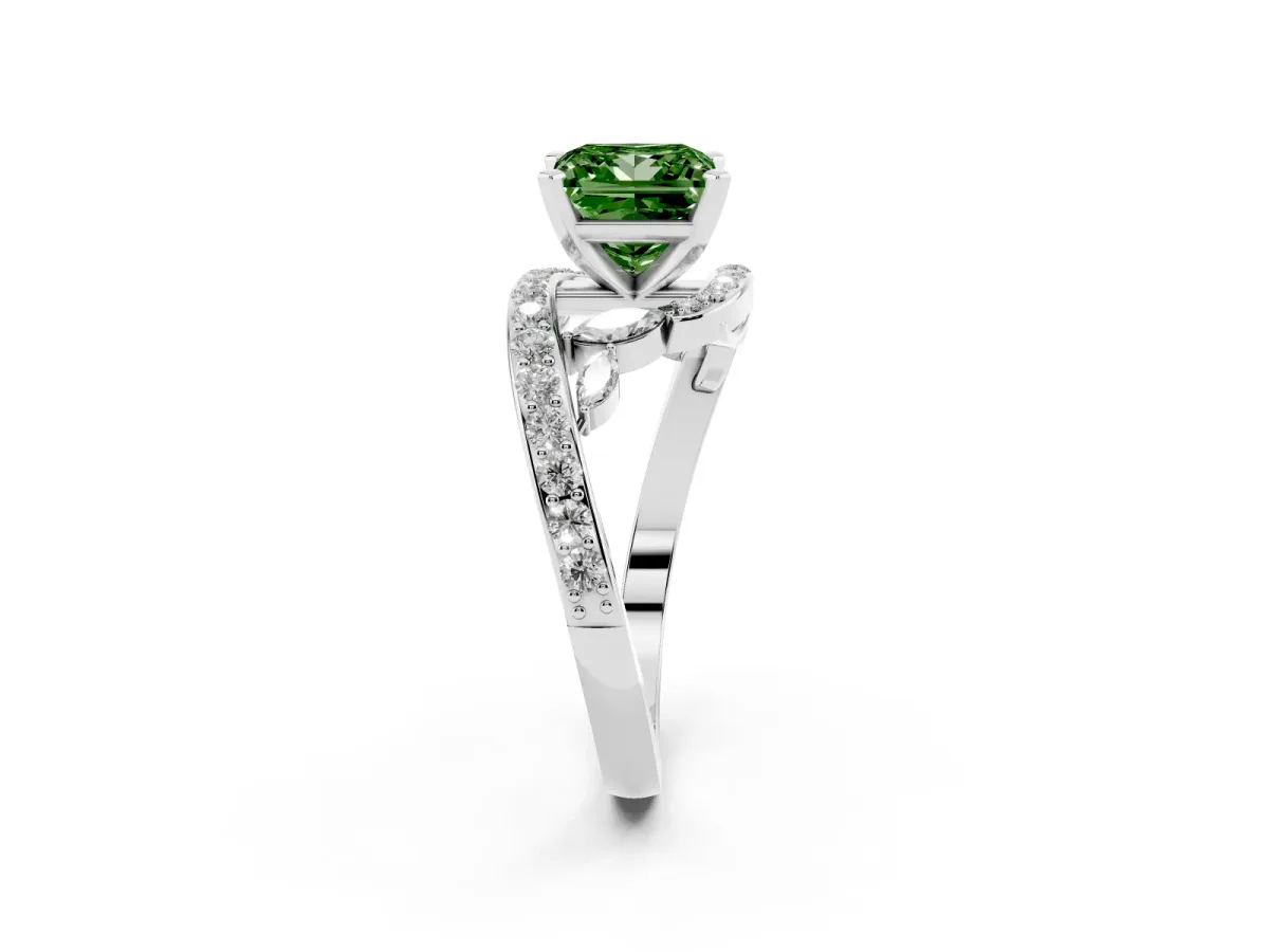 Fancy Green Princess Cut Solitaire with Pavé Twist Band and Four-Prong Setting Platinum