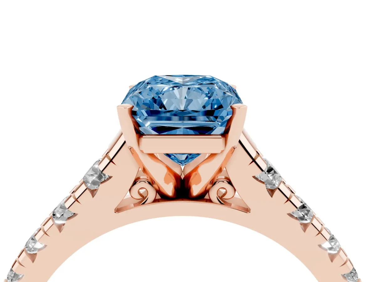 Fancy Blue Radiant Cut Diamond Cathedral Solitaire Ring with Round Pavé Band Rose gold