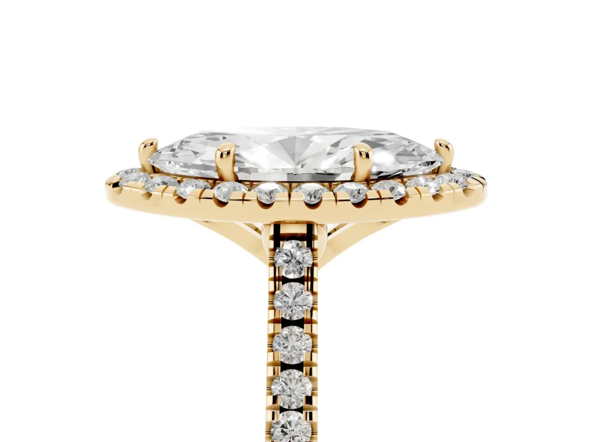 Marquise Cut Diamond Cushion Halo Ring with Pavé Band Yellow gold
