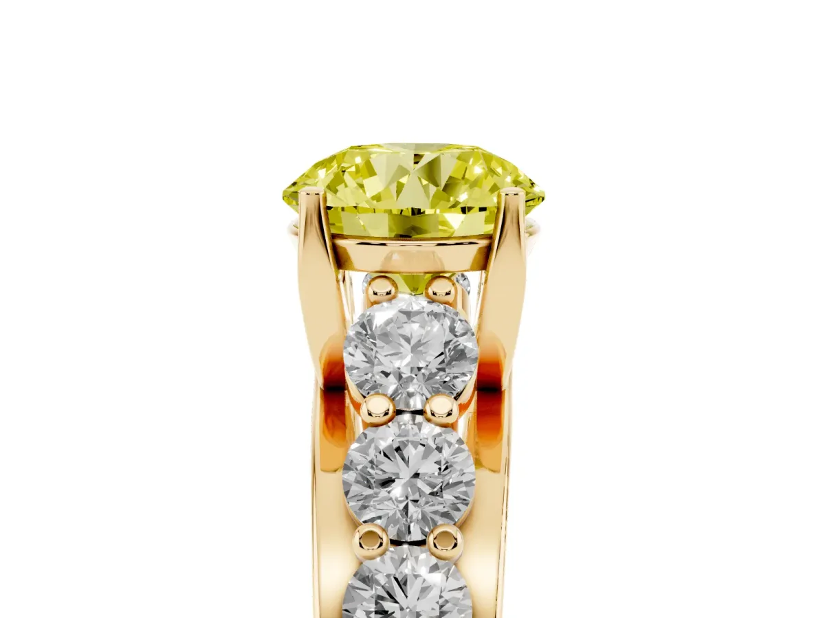 Fancy Yellow Round Cut Diamond Engagement Ring with Pavé Band and Four-Prong Setting Yellow gold