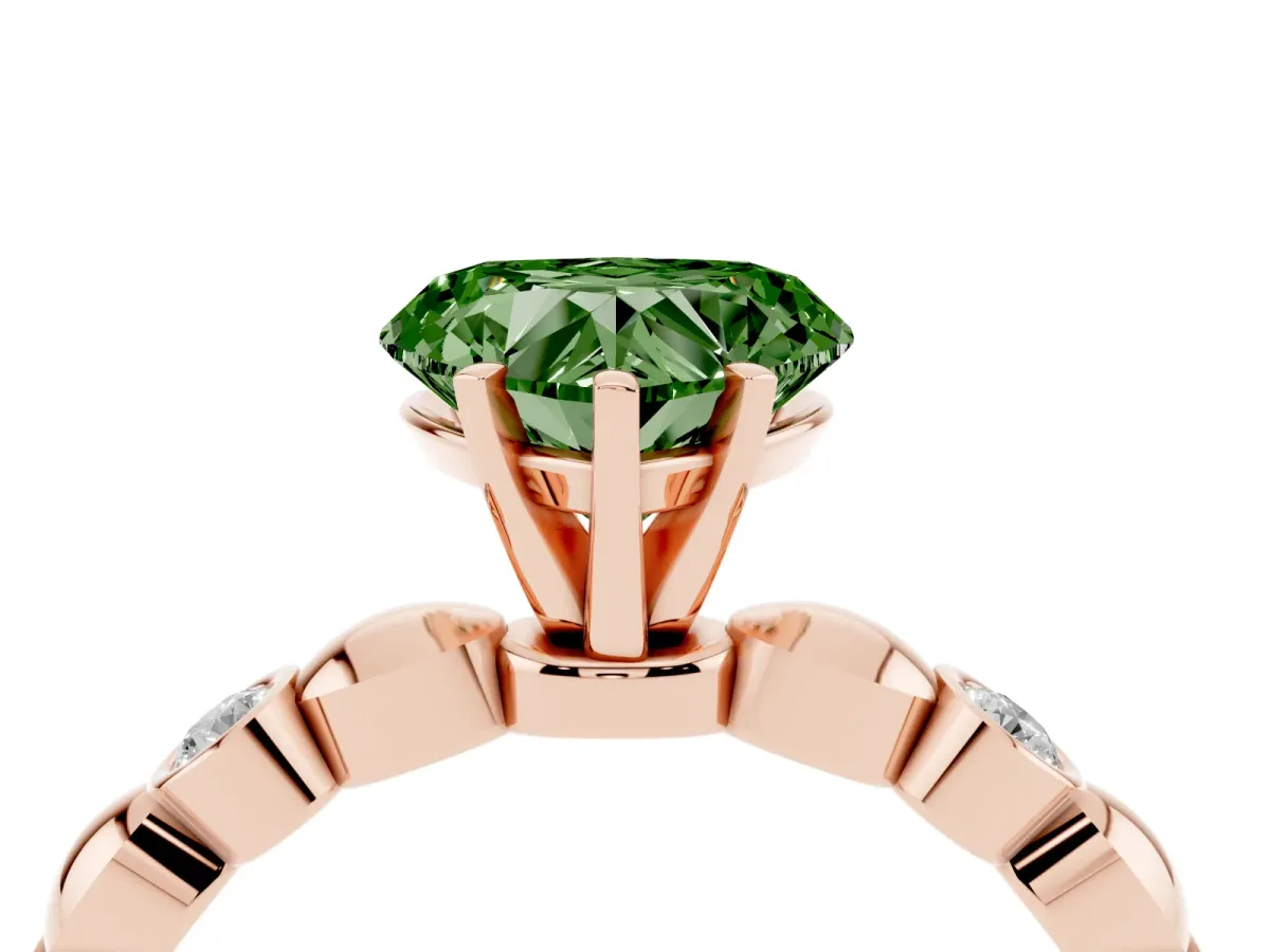 Fancy Green Heart Cut Solitaire Bezel-Set Diamond Ring with Beaded Band and Four-Prong Setting Rose gold