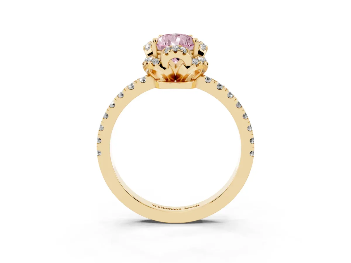 Fancy Pink Pear Cut Diamond Halo Pave Band with Four-Prong Setting Yellow gold