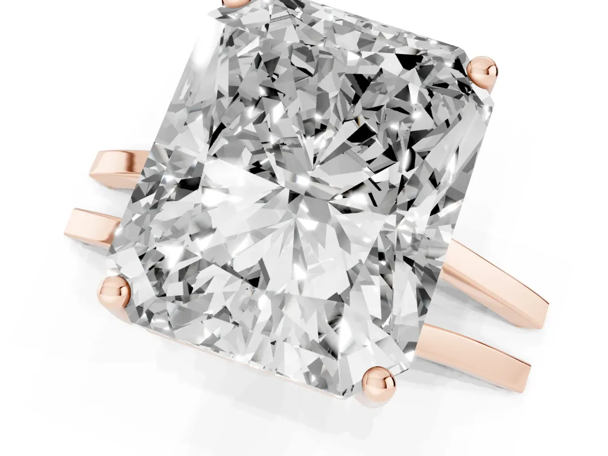 Radiant Cut Cut Diamond Solitaire Engagement Ring with Tapered Plain Band and Four-Prong Setting Rose gold