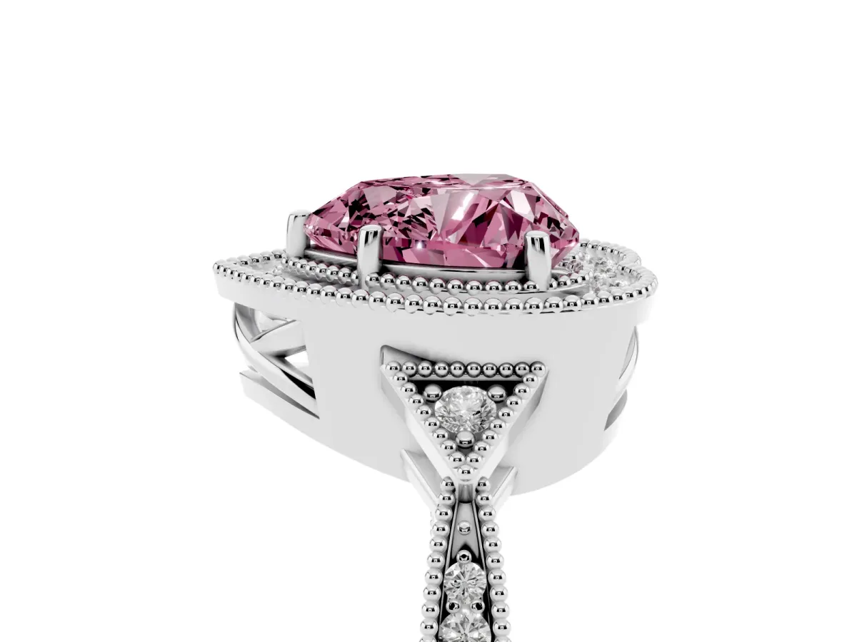 Fancy Pink Heart Cut Halo Round Diamond Milgrain Pave Engagement Ring Silver