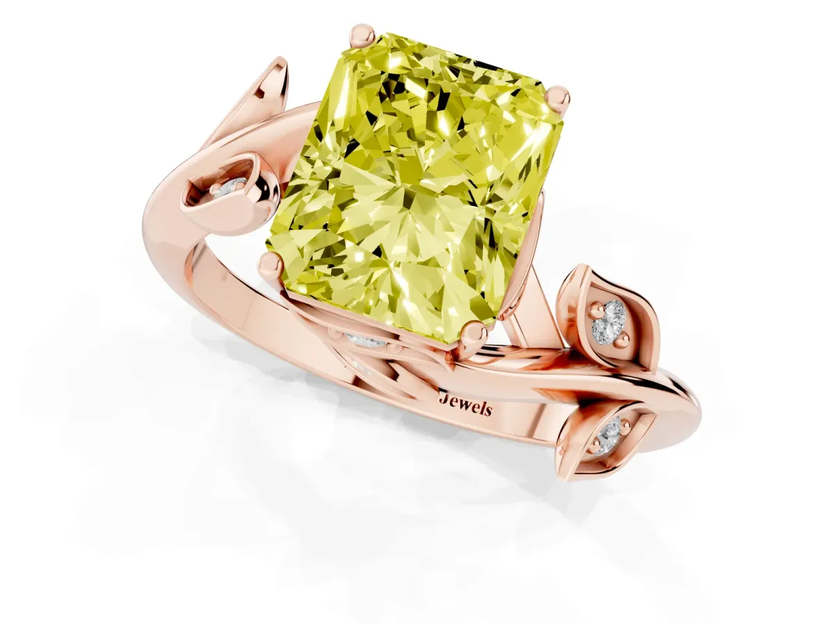 Fancy Yellow Radiant Cut Solitaire Twist Engagement Ring with Leaf Accents and Prong Setting Rose gold