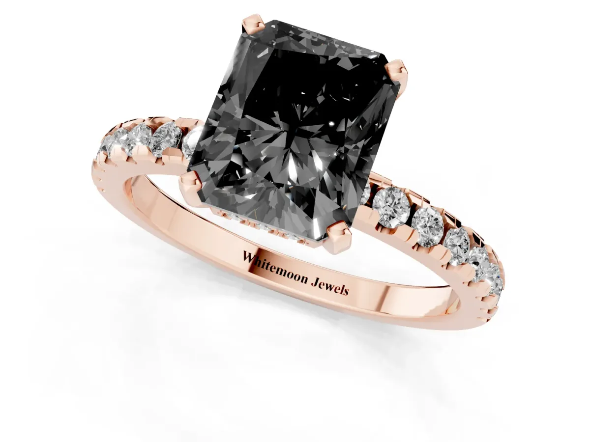 Fancy Black Radiant Cut Diamond Solitaire Ring with Round Pavé Band and Four-Prong Setting Rose gold