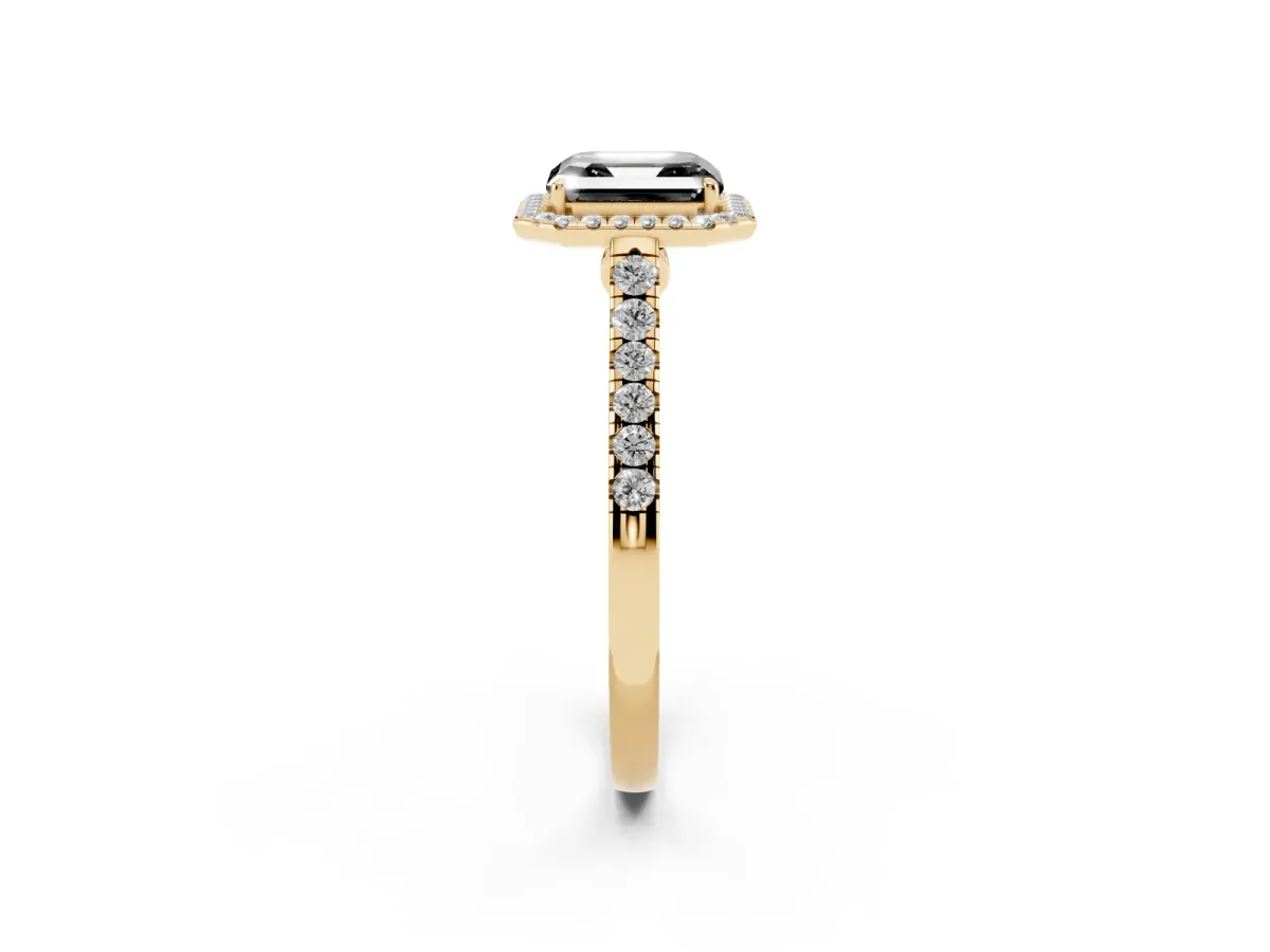 Fancy Black Asscher Cut Halo Pave Diamond Engagement Ring with Four-Prong Setting Yellow gold