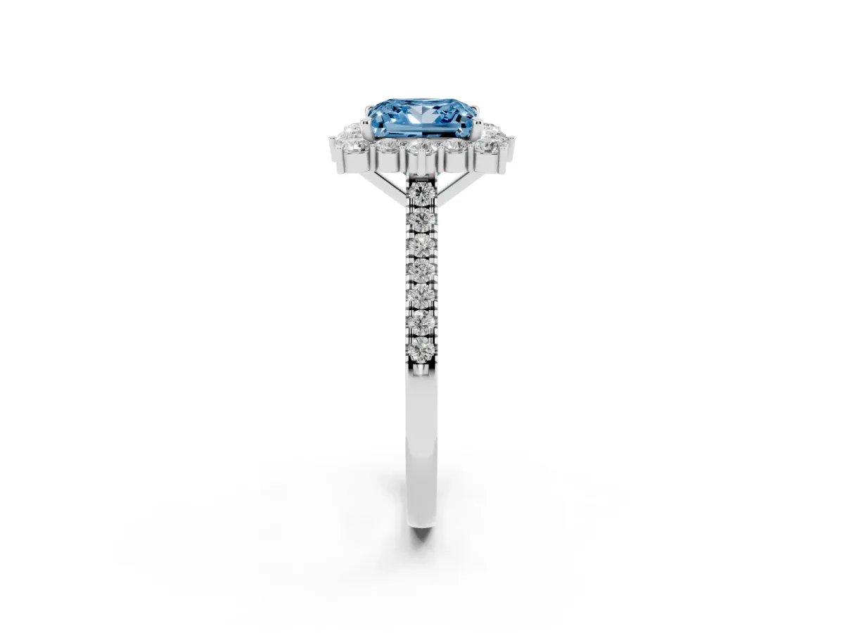 Fancy Blue Princess Cut Halo Diamond Ring with Pavé Band and Prong Setting Platinum