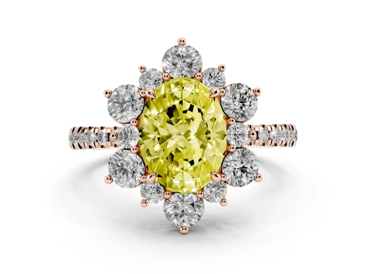 Fancy Yellow Oval Cut Diamond Floral Halo Ring with Round Pavé Band and Prong Setting Rose gold