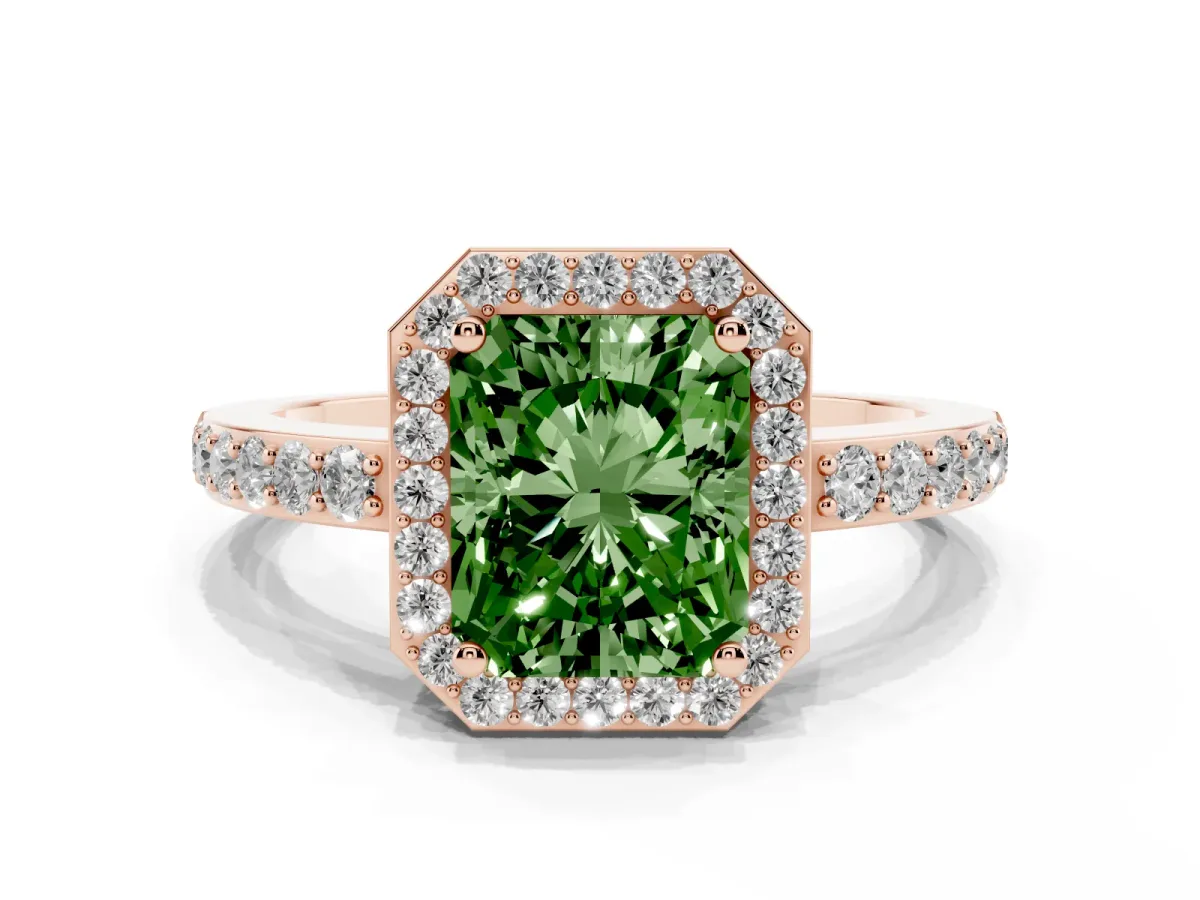 Fancy Green Radiant Cut Halo Diamond Pavé Band Ring with Prong Setting Rose gold